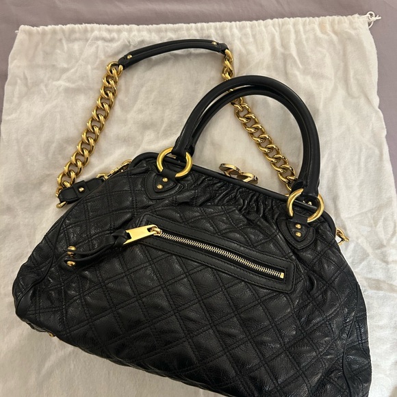 MARC JACOBS COLLECTION WOMENS QUILTED LEATHER STAM HANDBAG BLACK GOLD - Picture 1 of 16